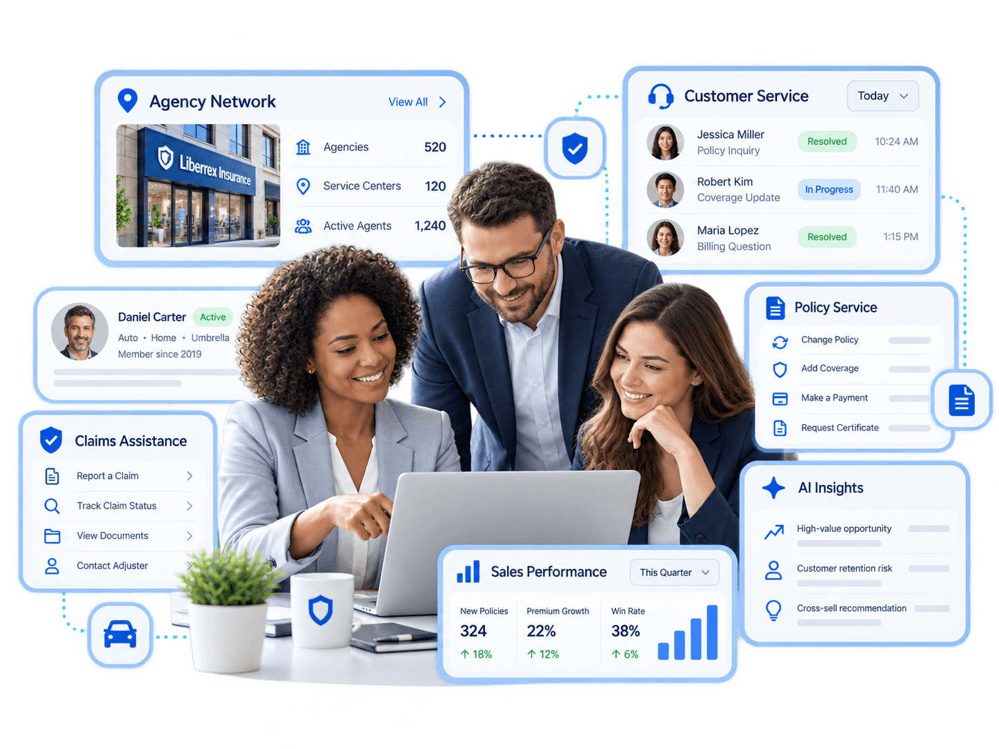 Insurance advisors reviewing a laptop, with agency network, customer service and policy service surfaces around them.
