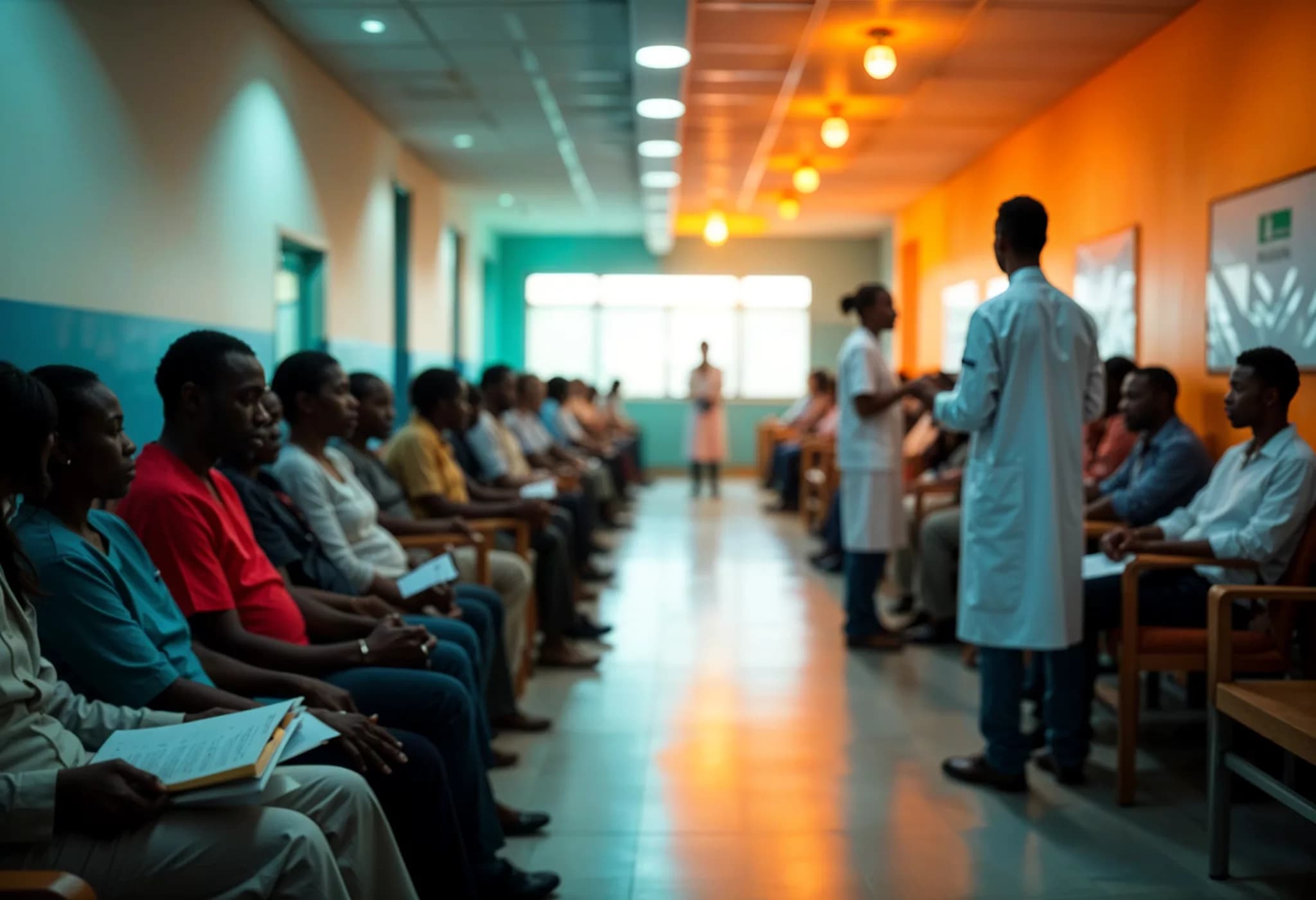 Patients waiting in a hospital corridor while clinicians stand in the aisle.