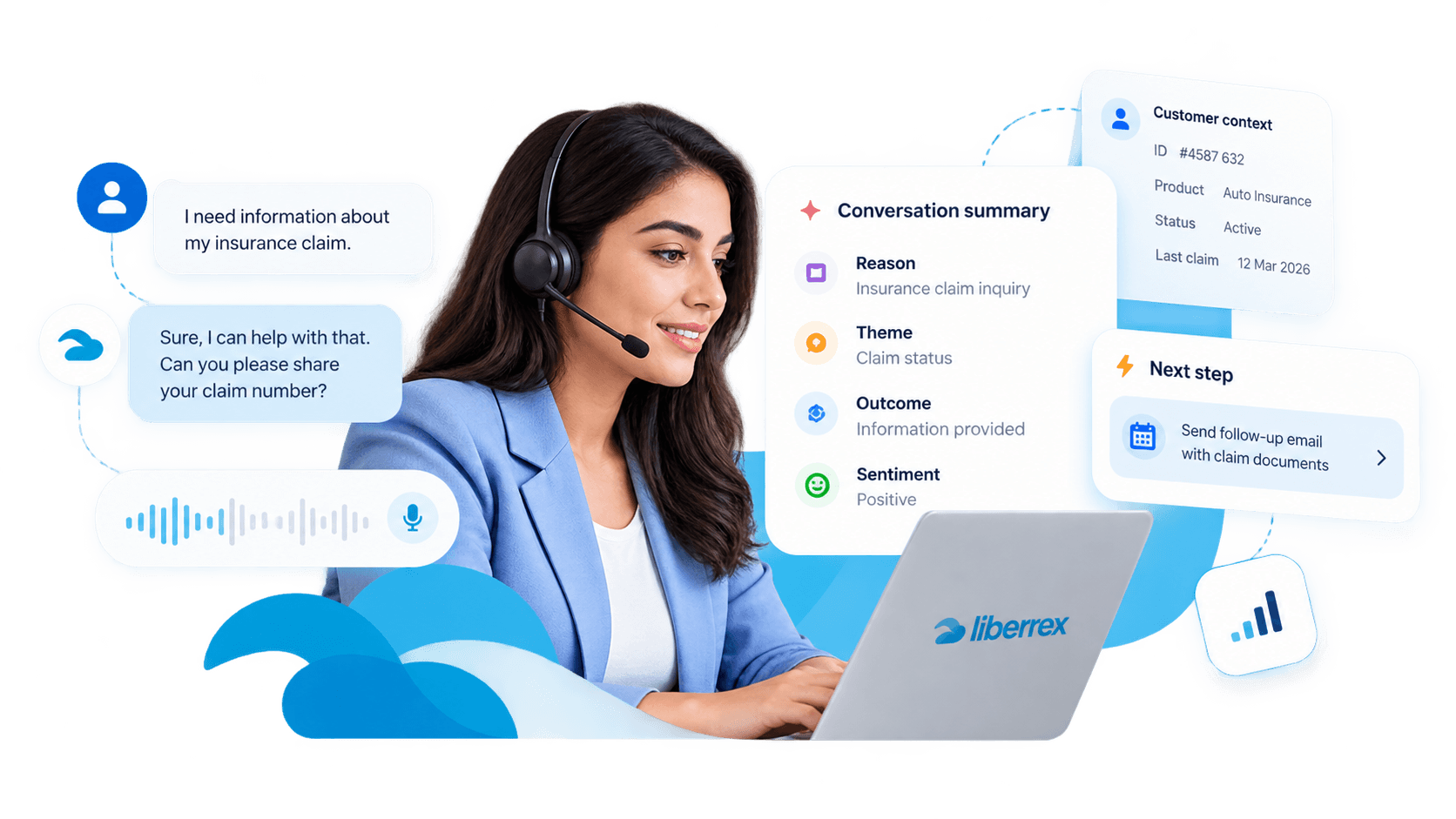 Conversation intelligence during a live exchange: summary, customer context and the next useful step.