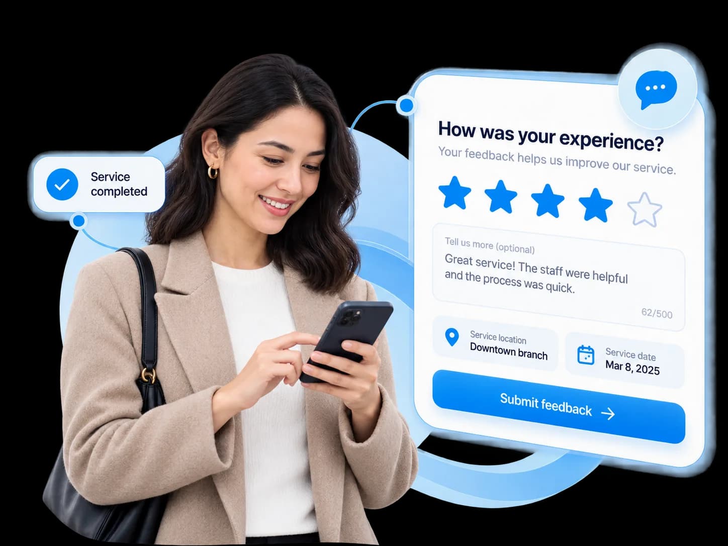 Customer giving post-service feedback through a digital survey