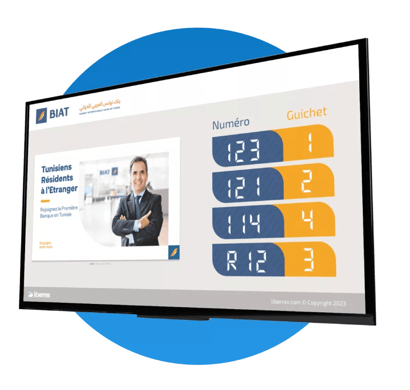 Liberrex customer display showing ticket numbers and service counters.