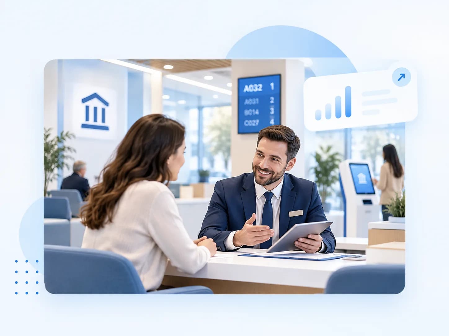 Modern bank branch with a customer-facing service space and advisors.