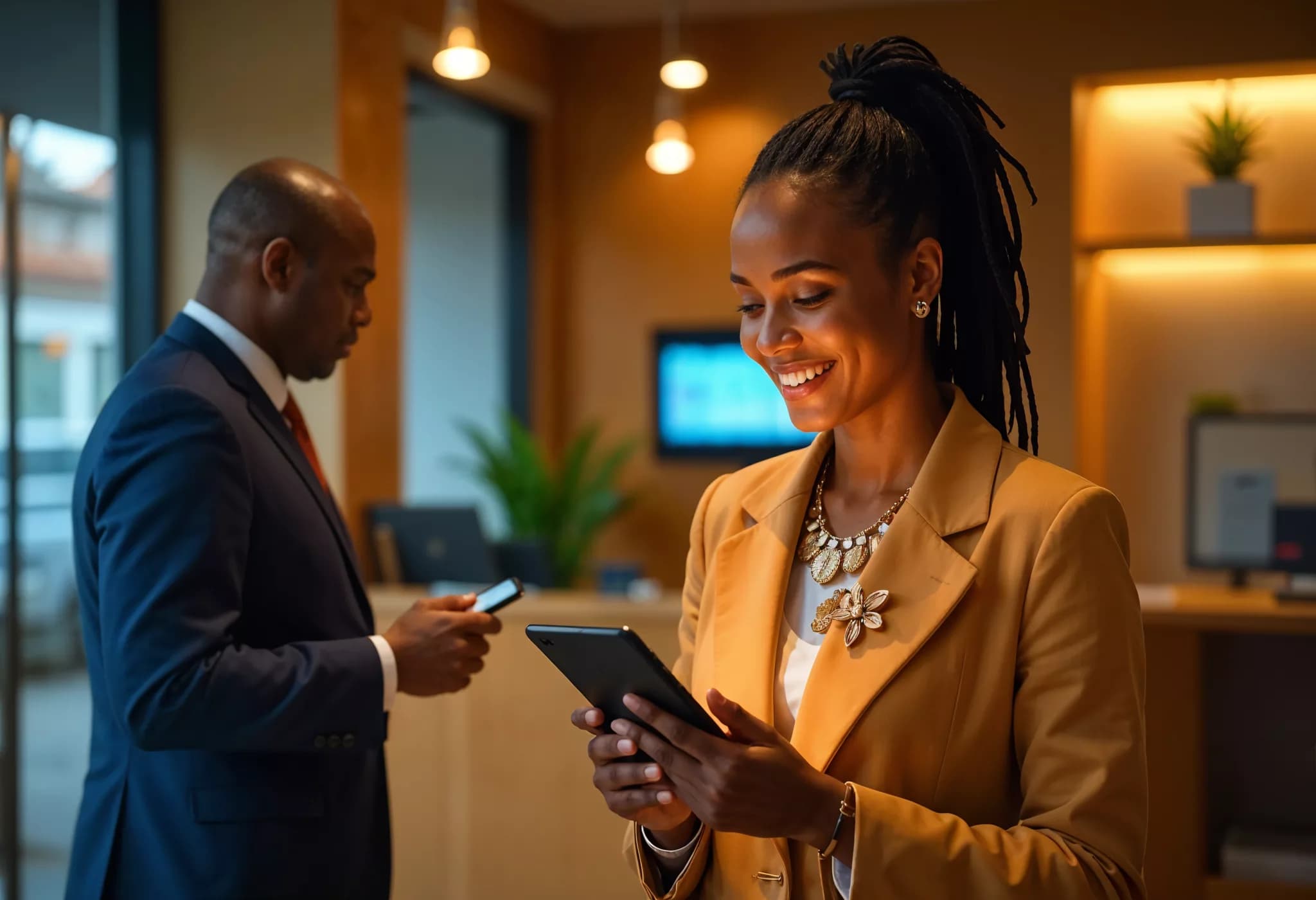 A woman using a tablet and a man using a phone in a service lobby.