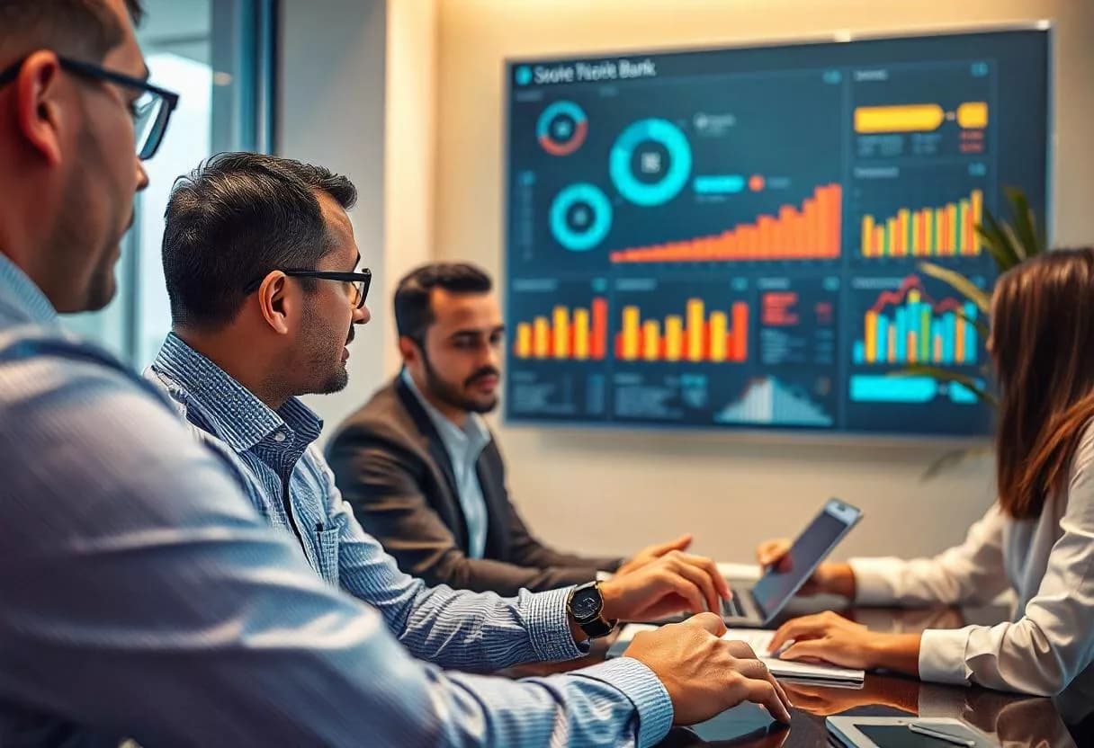 A banking team reviewing charts on a large screen.
