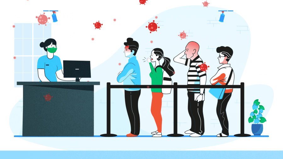 Illustration de personnes qui attendent dans une file devant un guichet.