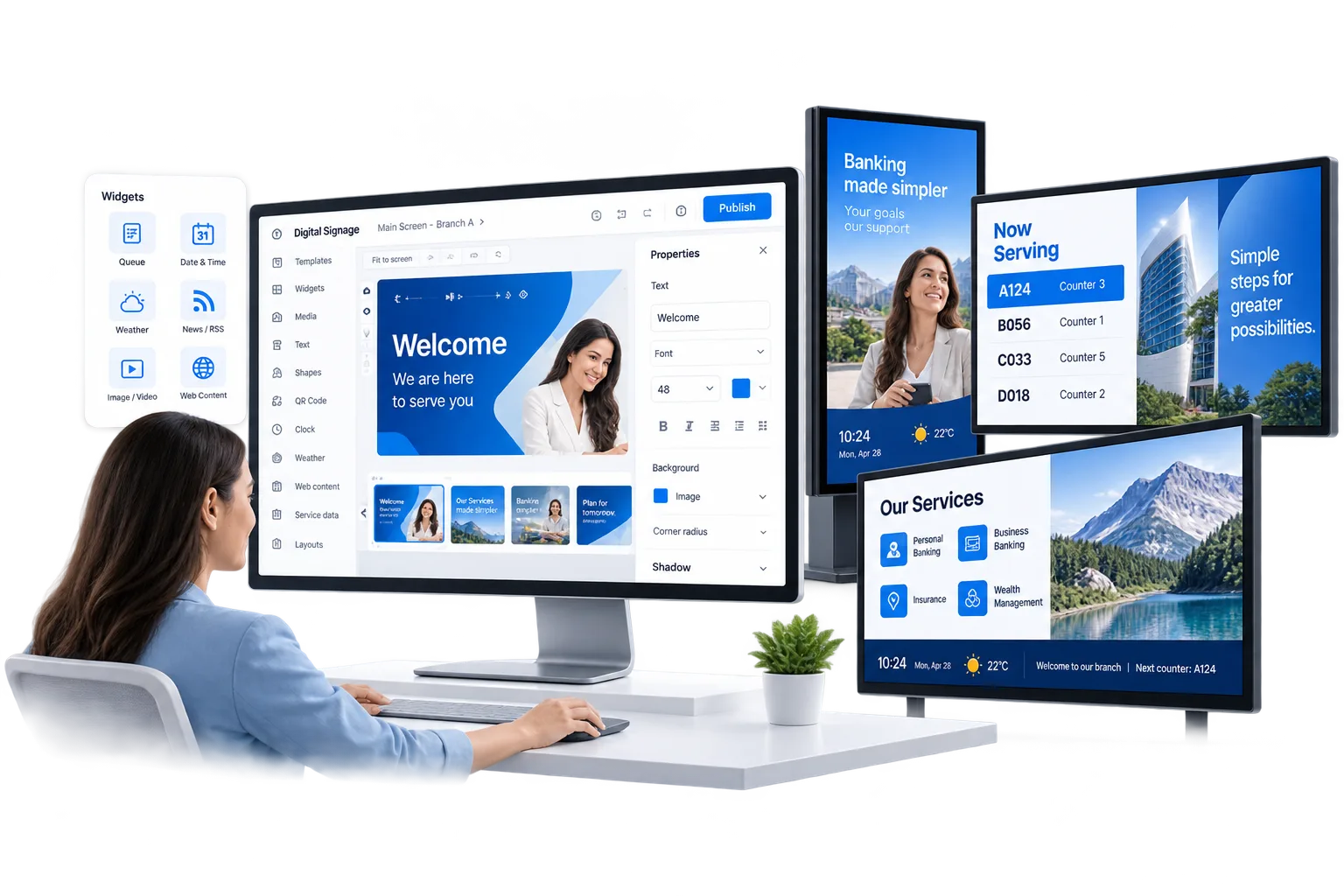 Conceptual illustration of a drag-and-drop digital signage editor with widgets and a canvas