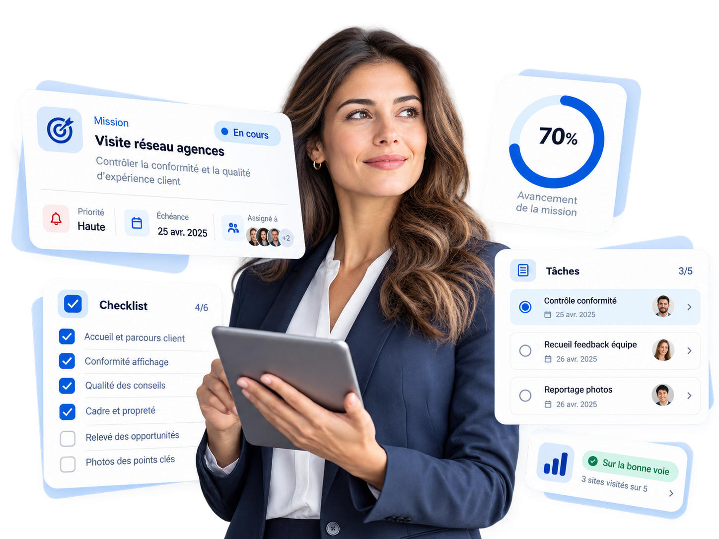 Advisor reviewing a mission in progress, with a checklist, assigned tasks and completion status.