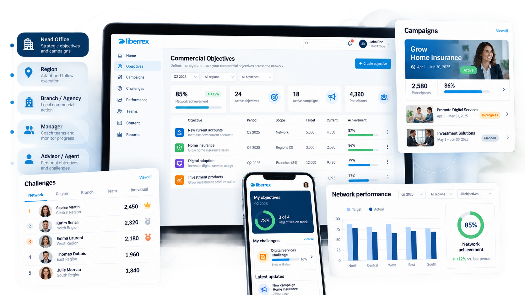 Conceptual Liberrex workspace for commercial objectives and campaigns across a distributed network.