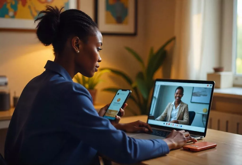 Une jeune femme échange avec son conseiller bancaire via le service de vidéo banking, en utilisant l'agence virtuelle de sa banque